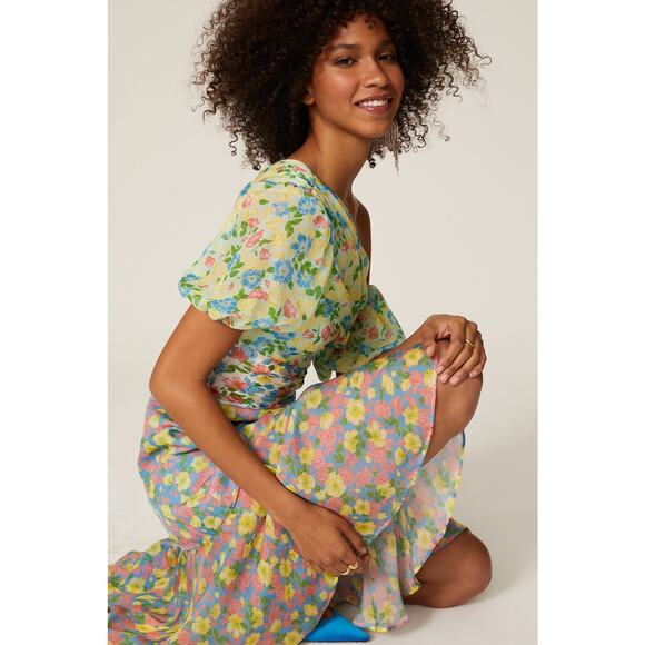 Amur Jaylah Patchwork Floral Print Silk Asymmetrical Midi Dress Size 4 - Picture 6 of 16